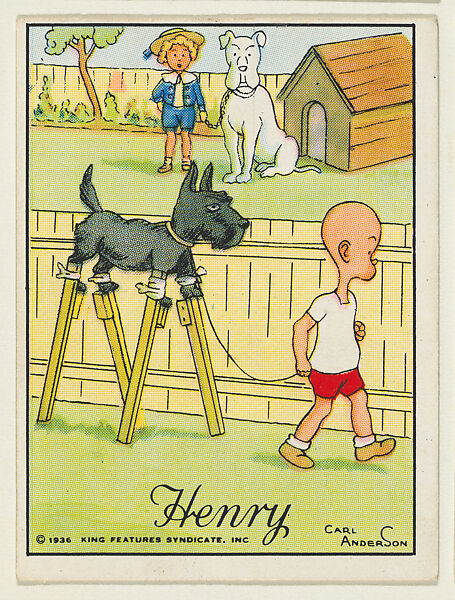Henry puts a dog on stilts to scare a big dog, from the "Little Henry" (T78), issued with Tareyton Cigarettes by the R. J. Reynolds Tobacco Company, Carl Thomas Anderson (American, Madison, Wisconsin 1865–1948), Commercial color lithograph 