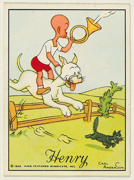 Henry rides on a dog to chase a cat, from the "Little Henry" (T78), issued with Tareyton Cigarettes by the R. J. Reynolds Tobacco Company, Carl Thomas Anderson (American, Madison, Wisconsin 1865–1948), Commercial color lithograph 