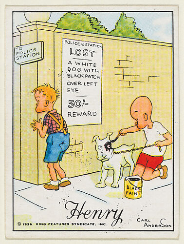 Henry paints a black patch on a dog's eye to receive a reward, from the 