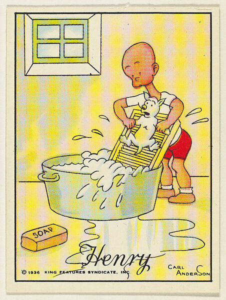 Henry scrubs a puppy on a washboard, from the "Little Henry" (T78), issued with Tareyton Cigarettes by the R. J. Reynolds Tobacco Company, Carl Thomas Anderson (American, Madison, Wisconsin 1865–1948), Commercial color lithograph 