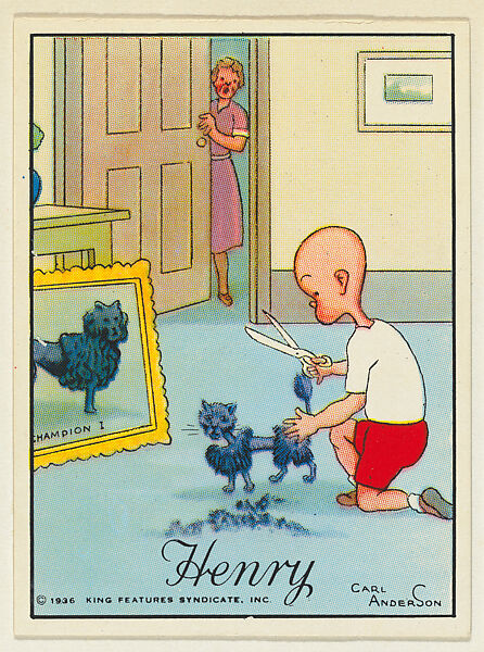Henry trims a cat's fur to resemble a dog, from the "Little Henry" (T78), issued with Tareyton Cigarettes by the R. J. Reynolds Tobacco Company, Carl Thomas Anderson (American, Madison, Wisconsin 1865–1948), Commercial color lithograph 