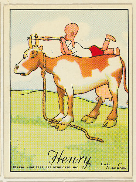 Henry lies atop a cow and uses its horns as a slingshot, from the "Little Henry" (T78), issued with Tareyton Cigarettes by the R. J. Reynolds Tobacco Company, Carl Thomas Anderson (American, Madison, Wisconsin 1865–1948), Commercial color lithograph 