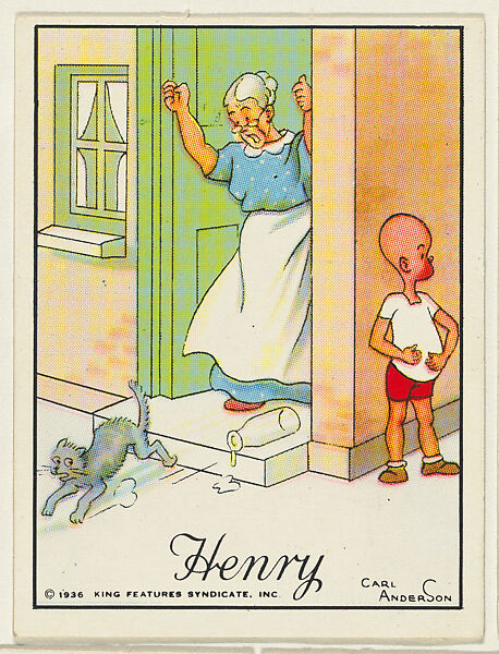 Henry drank a lady's milk from her doorstep, and she blames the cat, from the "Little Henry" (T78), issued with Tareyton Cigarettes by the R. J. Reynolds Tobacco Company, Carl Thomas Anderson (American, Madison, Wisconsin 1865–1948), Commercial color lithograph 