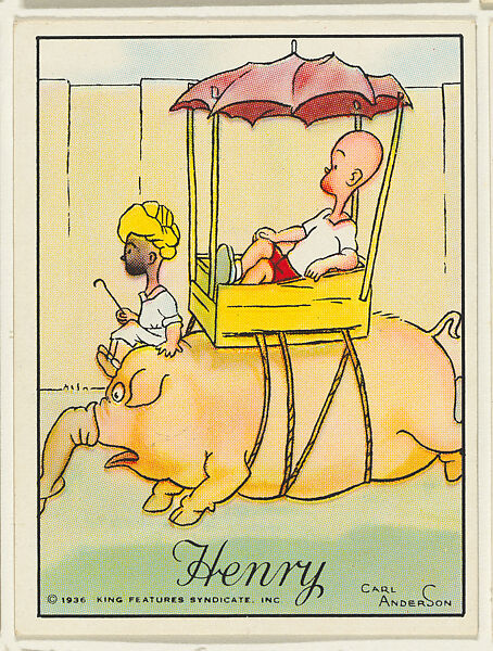 Henry rides on a pig disguised as an elephant, from the "Little Henry" (T78), issued with Tareyton Cigarettes by the R. J. Reynolds Tobacco Company, Carl Thomas Anderson (American, Madison, Wisconsin 1865–1948), Commercial color lithograph 