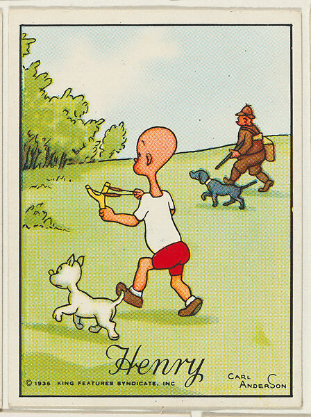 Henry hunts with a slingshot, from the "Little Henry" (T78), issued with Tareyton Cigarettes by the R. J. Reynolds Tobacco Company, Carl Thomas Anderson (American, Madison, Wisconsin 1865–1948), Commercial color lithograph 