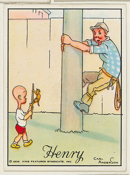 Henry holds a wooden monkey on a stick, from the "Little Henry" (T78), issued with Tareyton Cigarettes by the R. J. Reynolds Tobacco Company, Carl Thomas Anderson (American, Madison, Wisconsin 1865–1948), Commercial color lithograph 
