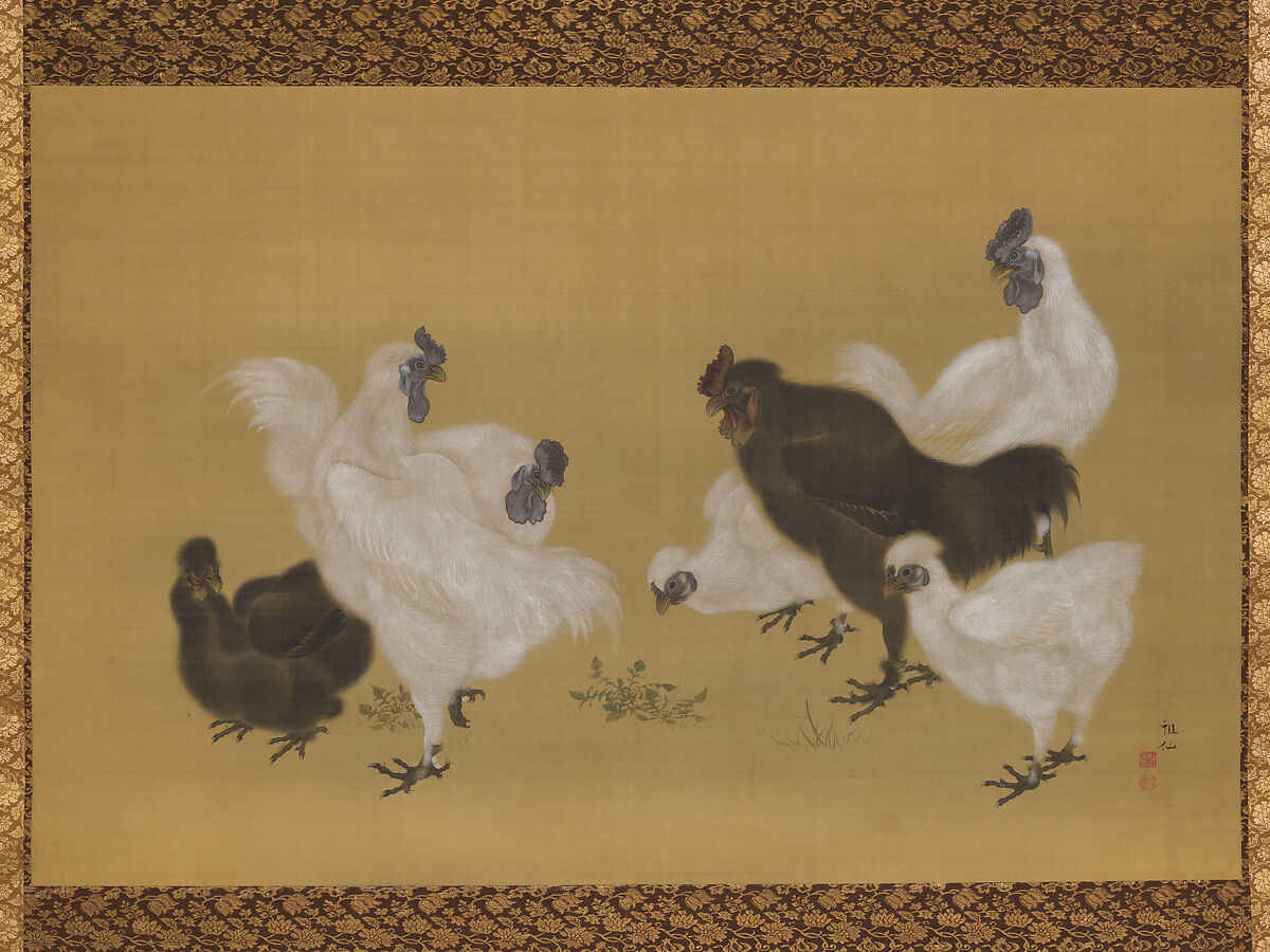 Silkies, Mori Sosen (Japanese, 1747–1821), Hanging scroll; ink and color on silk, Japan 