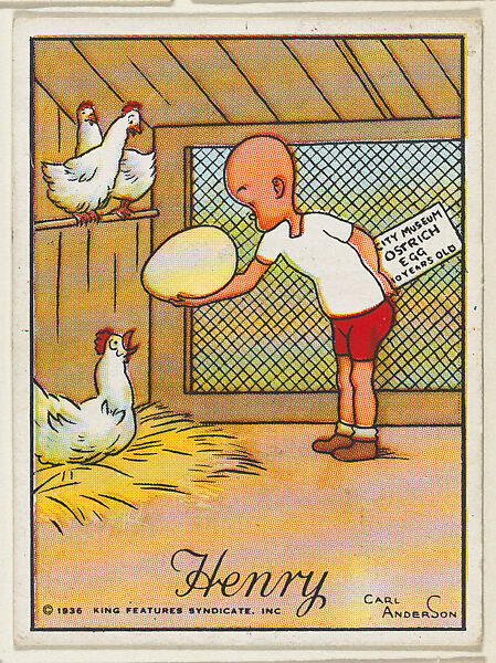 Henry shows an ostrich egg to a hen, from the "Little Henry" (T78), issued with Tareyton Cigarettes by the R. J. Reynolds Tobacco Company, Carl Thomas Anderson (American, Madison, Wisconsin 1865–1948), Commercial color lithograph 