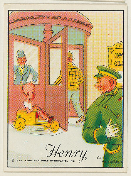 Henry rides on a wagon in a revolving door, from the "Little Henry" (T78), issued with Tareyton Cigarettes by the R. J. Reynolds Tobacco Company, Carl Thomas Anderson (American, Madison, Wisconsin 1865–1948), Commercial color lithograph 