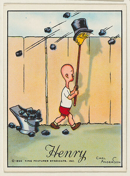 Henry holds a top hat above a fence, from the "Little Henry" (T78), issued with Tareyton Cigarettes by the R. J. Reynolds Tobacco Company, Carl Thomas Anderson (American, Madison, Wisconsin 1865–1948), Commercial color lithograph 