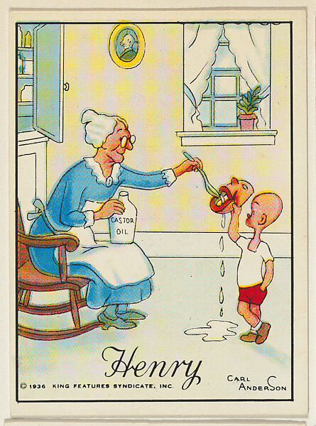 Henry holds a mask while a lady feeds it castor oil, from the "Little Henry" (T78), issued with Tareyton Cigarettes by the R. J. Reynolds Tobacco Company, Carl Thomas Anderson (American, Madison, Wisconsin 1865–1948), Commercial color lithograph 