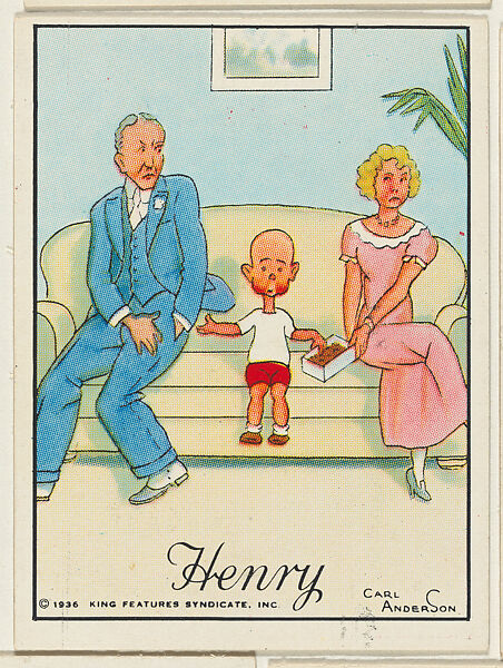 Henry sits on a sofa between a couple, from the "Little Henry" (T78), issued with Tareyton Cigarettes by the R. J. Reynolds Tobacco Company, Carl Thomas Anderson (American, Madison, Wisconsin 1865–1948), Commercial color lithograph 