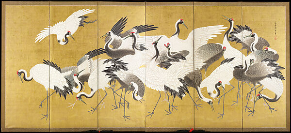 Flock of Cranes, Ishida Yūtei (Japanese, 1721–1786), Pair of six-panel folding screens; ink, color, and gold on gilt paper, Japan 