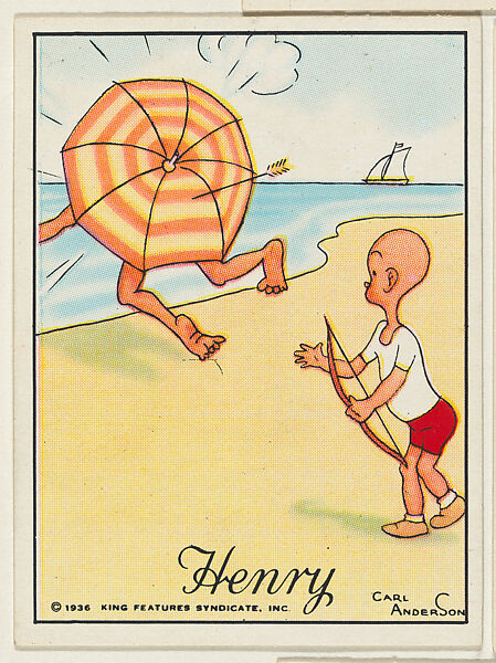 Henry shoots an arrow into an umbrella on the beach, from the "Little Henry" (T78), issued with Tareyton Cigarettes by the R. J. Reynolds Tobacco Company, Carl Thomas Anderson (American, Madison, Wisconsin 1865–1948), Commercial color lithograph 