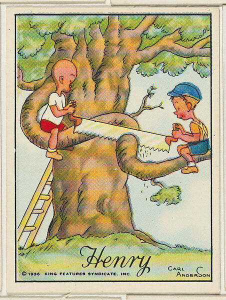 Henry saws a tree limb with a friend, from the "Little Henry" (T78), issued with Tareyton Cigarettes by the R. J. Reynolds Tobacco Company, Carl Thomas Anderson (American, Madison, Wisconsin 1865–1948), Commercial color lithograph 