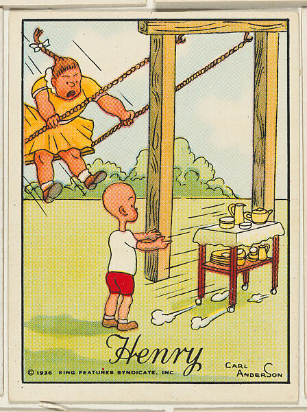 Henry pushes a tea wagon in front of a girl swinging, from the "Little Henry" (T78), issued with Tareyton Cigarettes by the R. J. Reynolds Tobacco Company, Carl Thomas Anderson (American, Madison, Wisconsin 1865–1948), Commercial color lithograph 