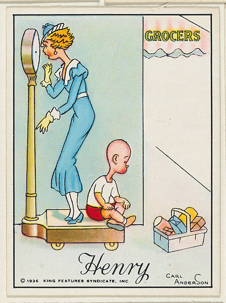 Henry sits on a scale while a woman weighs herself, from the "Little Henry" (T78), issued with Tareyton Cigarettes by the R. J. Reynolds Tobacco Company, Carl Thomas Anderson (American, Madison, Wisconsin 1865–1948), Commercial color lithograph 