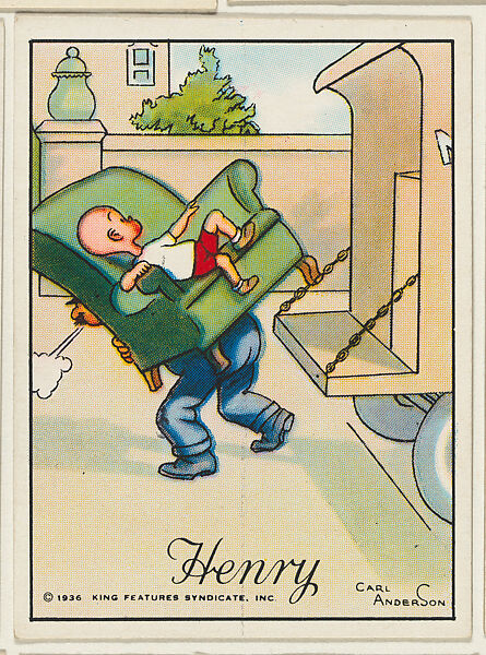 Henry sits on a chair carried by a man, from the "Little Henry" (T78), issued with Tareyton Cigarettes by the R. J. Reynolds Tobacco Company, Carl Thomas Anderson (American, Madison, Wisconsin 1865–1948), Commercial color lithograph 