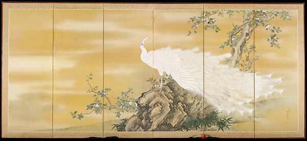 White Peafowl, Mochizuki Gyokkei (Japanese, 1874–1939), Pair of six-panel folding screens; ink, color, gold, and gold-leaf dust on silk, Japan 