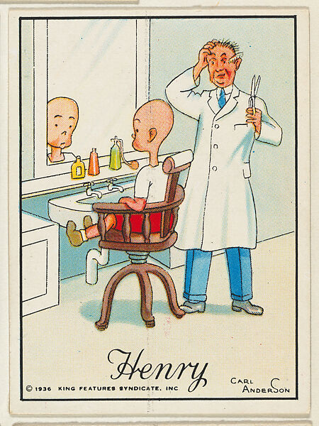 Henry sits in a barber's chair for a haircut, from the "Little Henry" (T78), issued with Tareyton Cigarettes by the R. J. Reynolds Tobacco Company, Carl Thomas Anderson (American, Madison, Wisconsin 1865–1948), Commercial color lithograph 