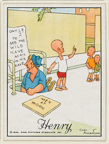 Henry sells a chance to see a cave man, from the "Little Henry" (T78), issued with Tareyton Cigarettes by the R. J. Reynolds Tobacco Company, Carl Thomas Anderson (American, Madison, Wisconsin 1865–1948), Commercial color lithograph 