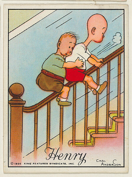 Henry slides down a bannister with a friend, from the "Little Henry" (T78), issued with Tareyton Cigarettes by the R. J. Reynolds Tobacco Company, Carl Thomas Anderson (American, Madison, Wisconsin 1865–1948), Commercial color lithograph 