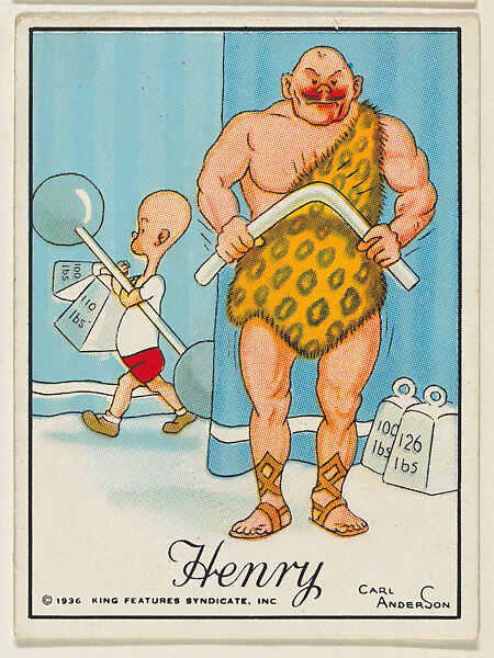Henry holds fake weights and walks behind a strong man who is bending a pipe, from the "Little Henry" (T78), issued with Tareyton Cigarettes by the R. J. Reynolds Tobacco Company, Carl Thomas Anderson (American, Madison, Wisconsin 1865–1948), Commercial color lithograph 