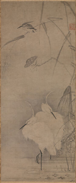 Two White Egrets and a Kingfisher at a Lotus Pond, Kinkei Dōjin (Ryōbin) (Japanese, active first half of  the16th century), Hanging scroll; ink on paper, Japan 