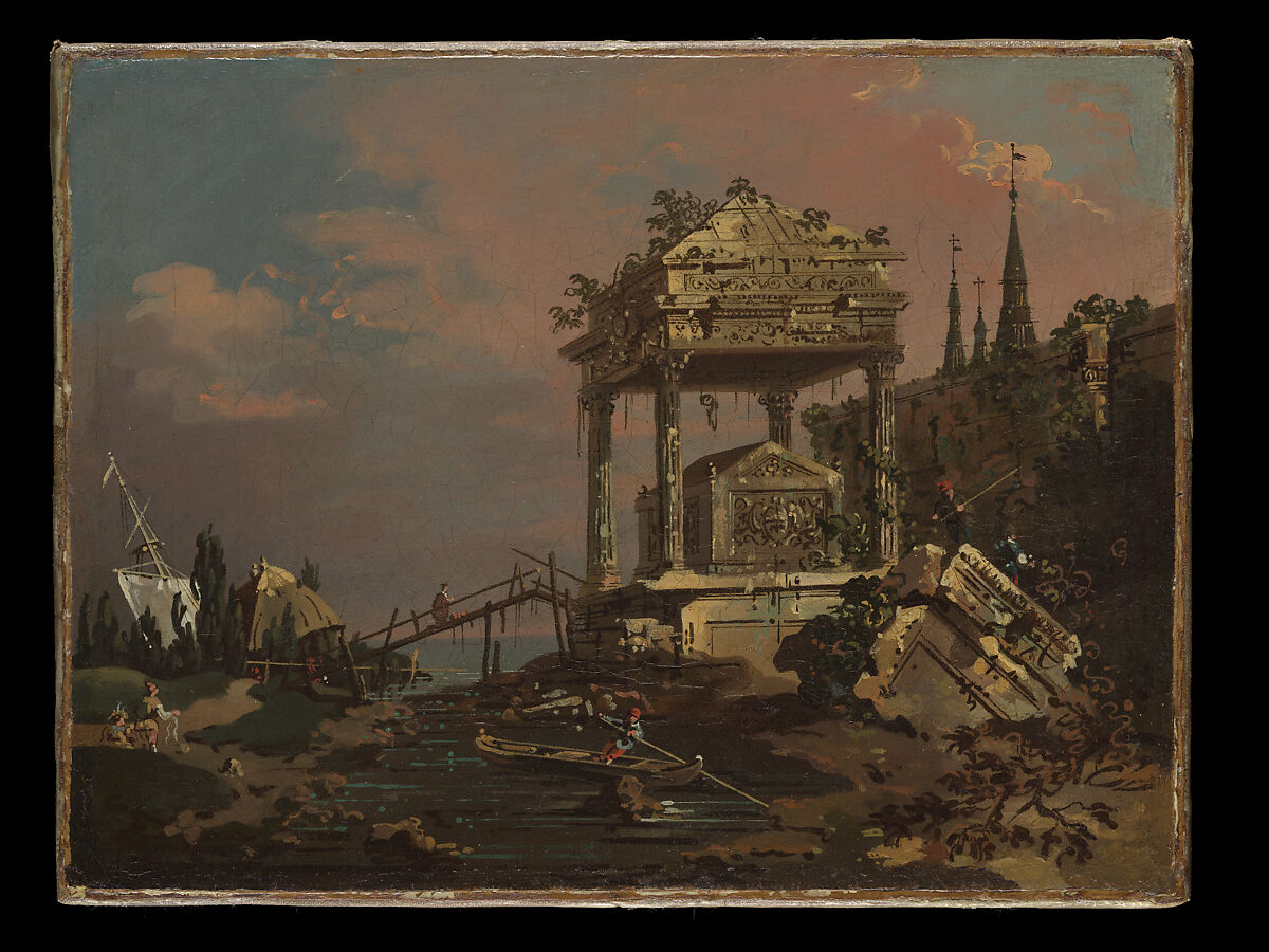 Imaginary View with a Tomb by the Lagoon, Canaletto (Giovanni Antonio Canal) (Italian, Venice 1697–1768 Venice), Oil on canvas 