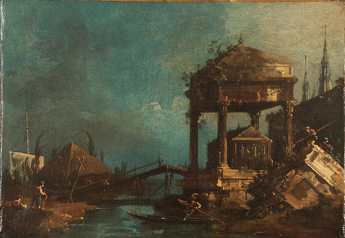 Imaginary View with a Tomb by the Lagoon, Canaletto (Giovanni Antonio Canal) (Italian, Venice 1697–1768 Venice), Oil on canvas