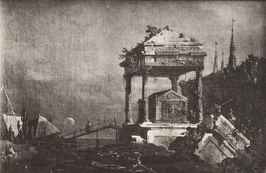 Imaginary View with a Tomb by the Lagoon, Canaletto (Giovanni Antonio Canal) (Italian, Venice 1697–1768 Venice), Oil on canvas