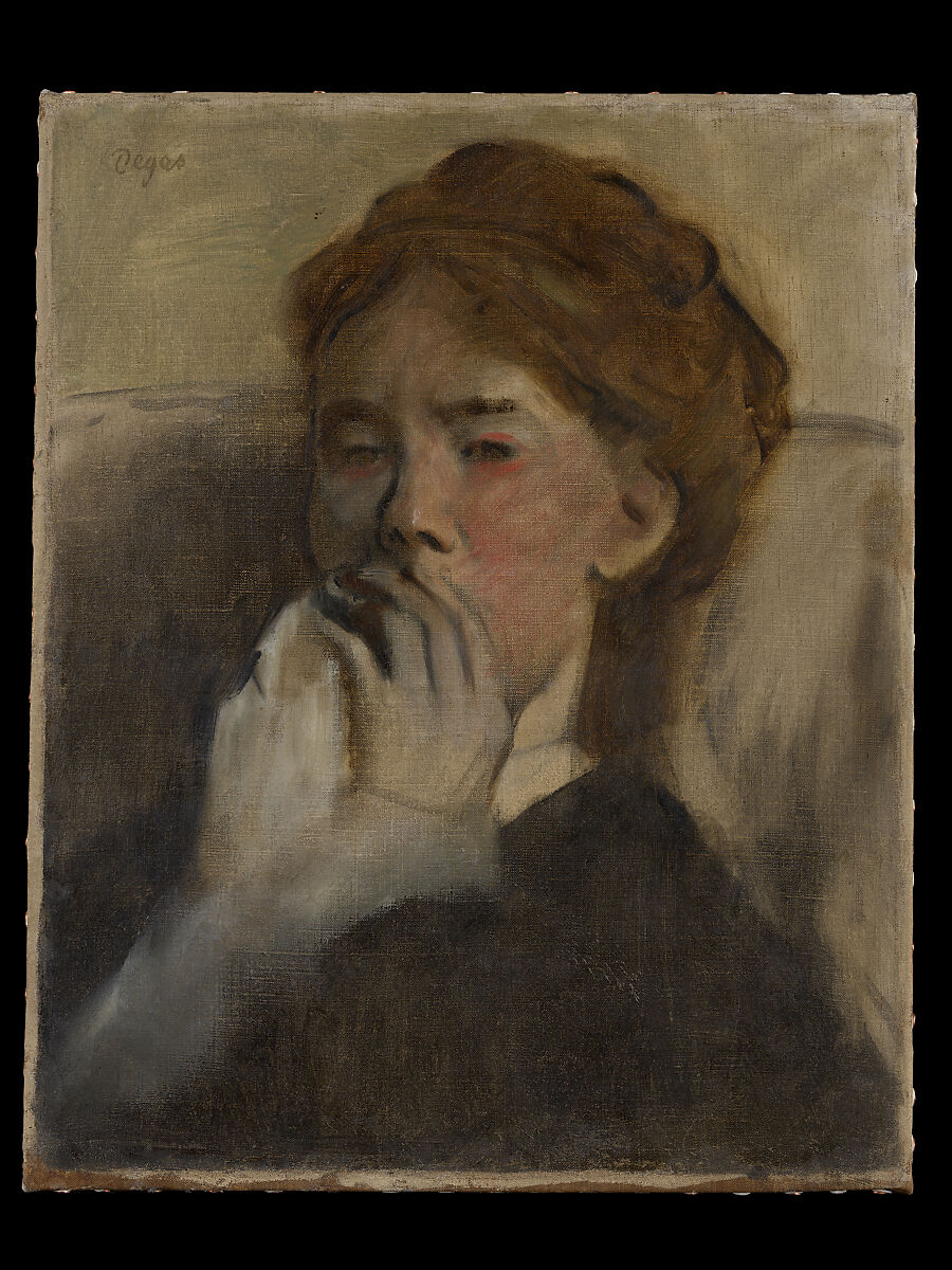 Young Woman with Her Hand over Her Mouth, Edgar Degas (French, Paris 1834–1917 Paris), Oil colors freely mixed with turpentine on canvas 
