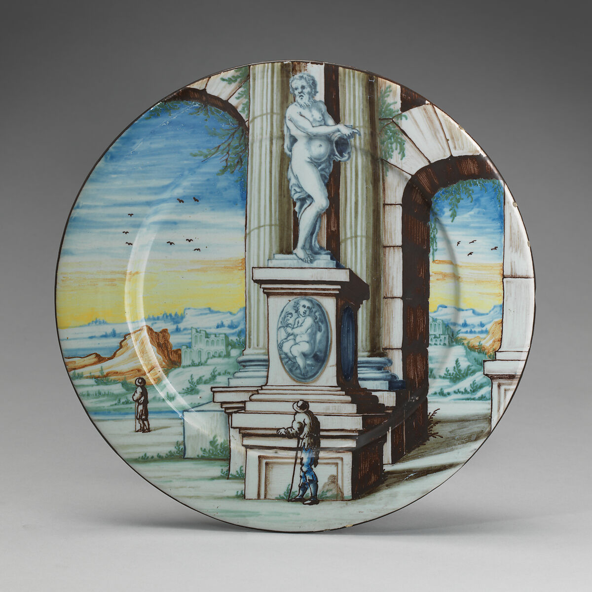 Dish with landscape and architectural ruins, Painted by Siro Antonio Africa (Italian, 1663–ca. 1735), Tin-glazed earthenware (maiolica), Italian, Pavia 