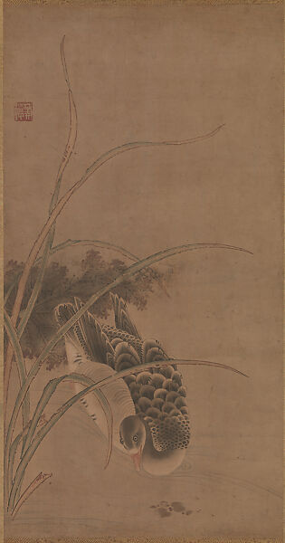 Wild Goose and Reeds, Hosetsu Tōzen (active mid-to late16th century), Hanging scroll; ink and color on paper, Japan 
