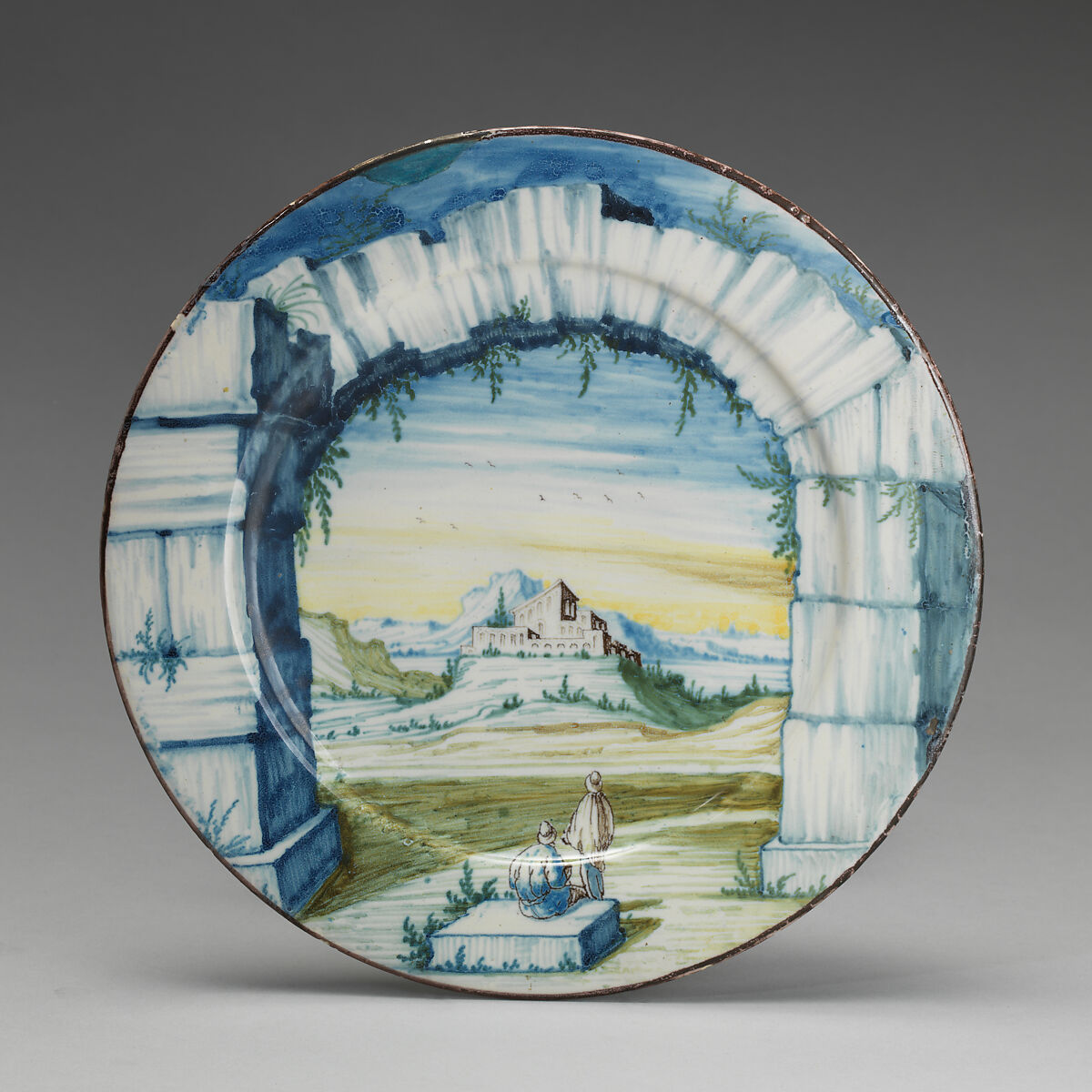 Dish with landscape seen though an arch, Painted by Siro Antonio Africa (Italian, 1663–ca. 1735), Tin-glazed earthenware (maiolica), Italian, Pavia 
