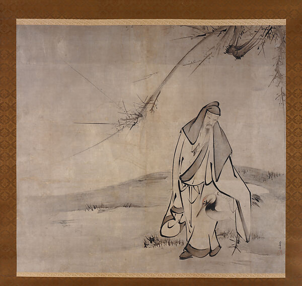 Lin Hejing and His Crane, Attributed to Kaihō Yūshō (Japanese, 1533–1615), Two-panel folding screen remounted as a hanging scroll; ink and light color on paper, Japan 