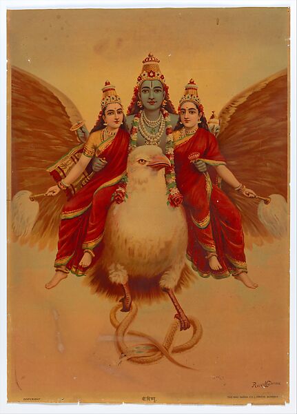 Vishnu-Garuda Wahan, Vishnu on his Eagle Mount Garuda, Chromolithographic print on paper, India 
