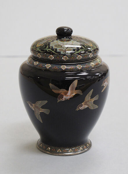 Covered Jar with Sparrows in Flight, Hayashi Kodenji I (Japanese, 1831–1915) and/or, Cloisonné enamel; opaque enamel with silver- and gold-wire cloisons, silver rims, Japan 