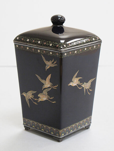 Covered Jar with Birds in Flight, Hayashi Kodenji I (Japanese, 1831–1915) and/or, Cloisonné enamel; opaque enamel with silver- and gold-wire cloisons, silver rims and feet, Japan 