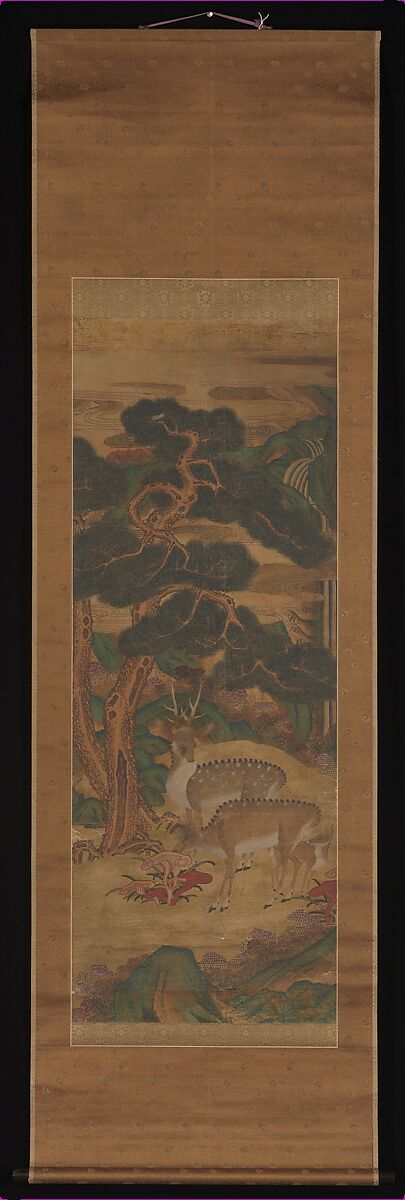 Deer amid Pine Trees, Unidentified artist, Pair of hanging scrolls; ink and color on silk, Korea