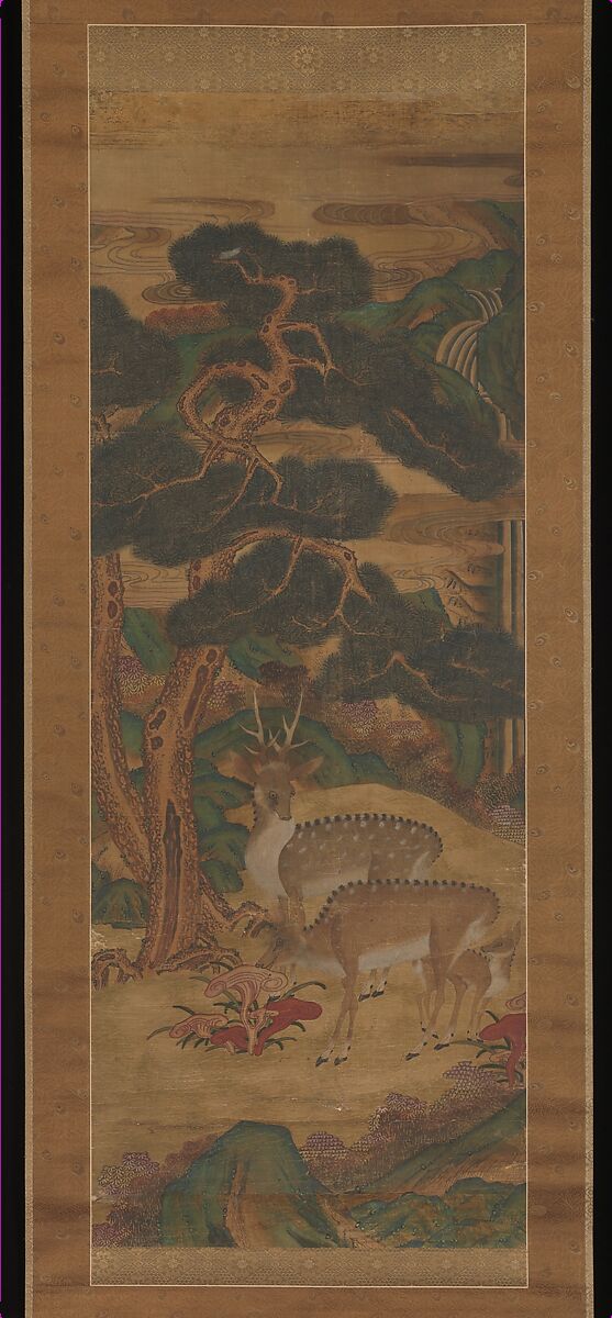 Deer amid Pine Trees, Unidentified artist, Pair of hanging scrolls; ink and color on silk, Korea 