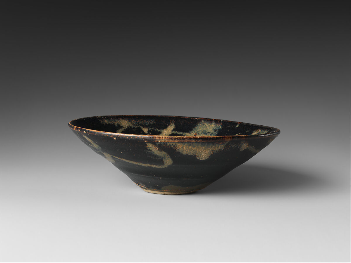 Tea Bowl with Splashed Decoration, Stoneware with brown glaze and slip decoration, China