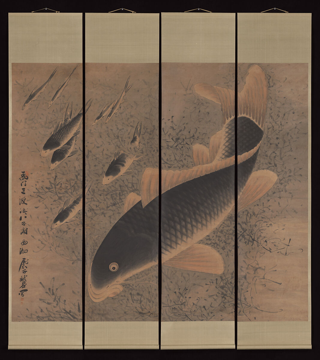 Nine carp, Gong Gu (Chinese, active 19th century) ?, Set of four hanging scrolls, ink and color on paper, China 