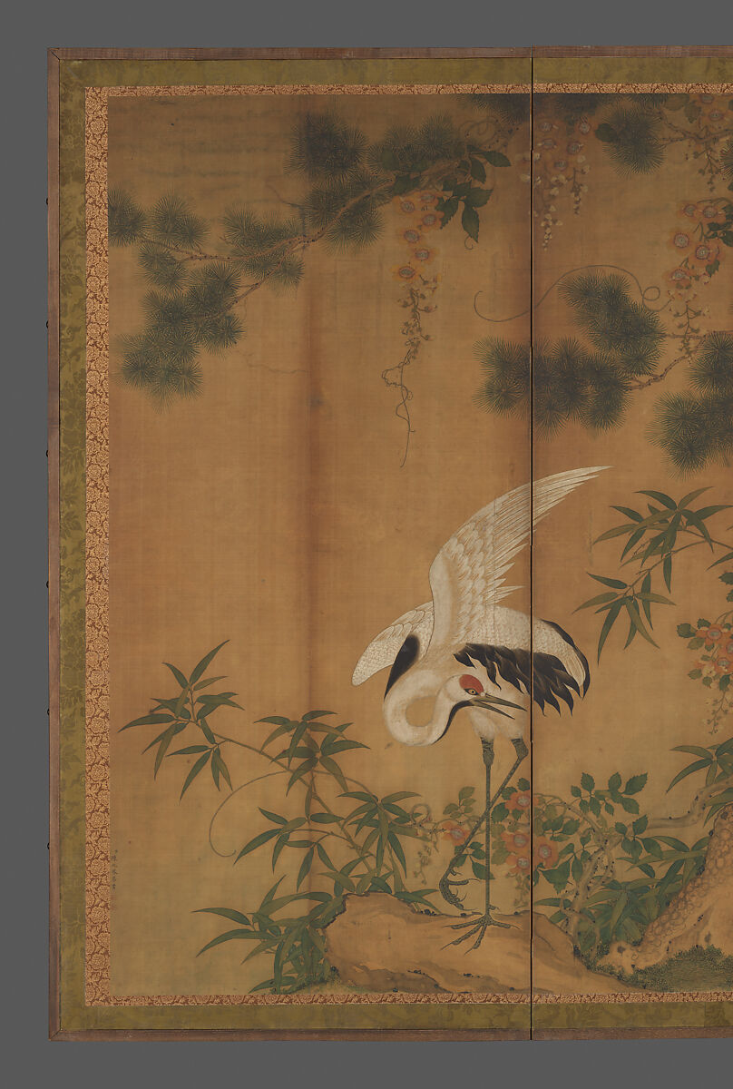 Crane, pine, and rock, Chen Zhaofeng (Chinese, active late 19th century), Set of four hanging scrolls mounted on a Japanese bi-fold screen; ink and color on silk, China