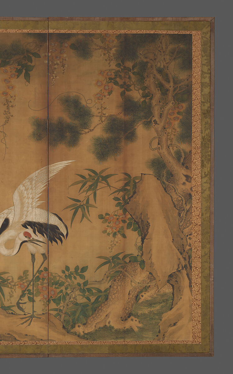 Crane, pine, and rock, Chen Zhaofeng (Chinese, active late 19th century), Set of four hanging scrolls mounted on a Japanese bi-fold screen; ink and color on silk, China