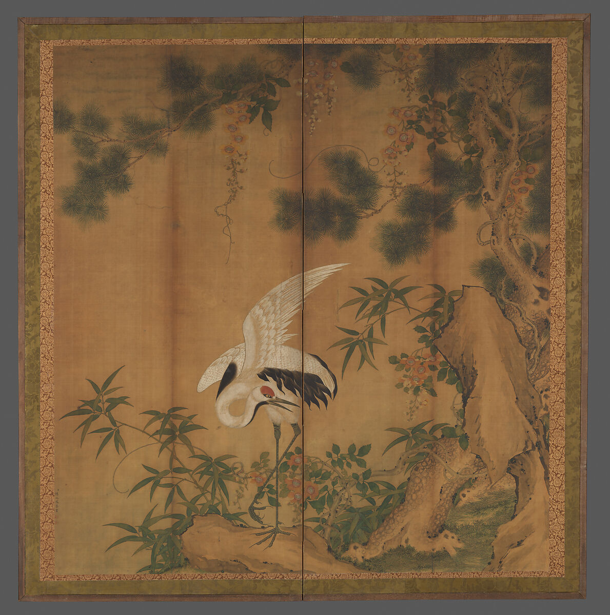 Crane, pine, and rock, Chen Zhaofeng (Chinese, active late 19th century), Set of four hanging scrolls mounted on a Japanese bi-fold screen; ink and color on silk, China 