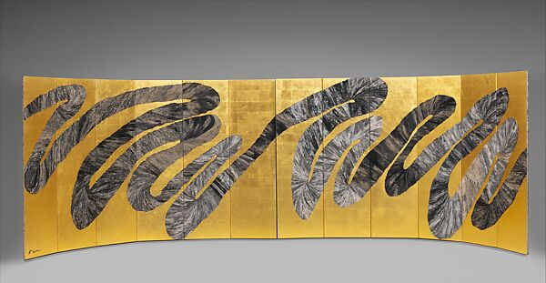Life's Symphony (Kyoku), Maio Motoko (Japanese, born Tokyo, 1948), Pair of six-panel folding screens; crushed paper, ink, white pigment (gofun), gold leaf, and silk on paper, Japan 