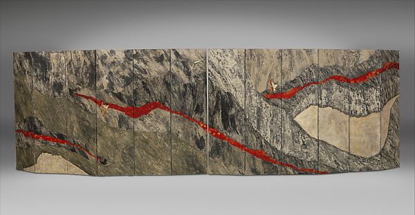 Life's Symphony (Kyoku), Maio Motoko (Japanese, born Tokyo, 1948), Pair of six-panel folding screens; crushed paper, ink, white pigment (gofun), gold leaf, and silk on paper, Japan