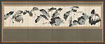 Lotus and Carp, Song Yeong-bang (Korean, born Hwaseong, 1936), Eight-panel folding screen; ink and light color on paper, Korea 