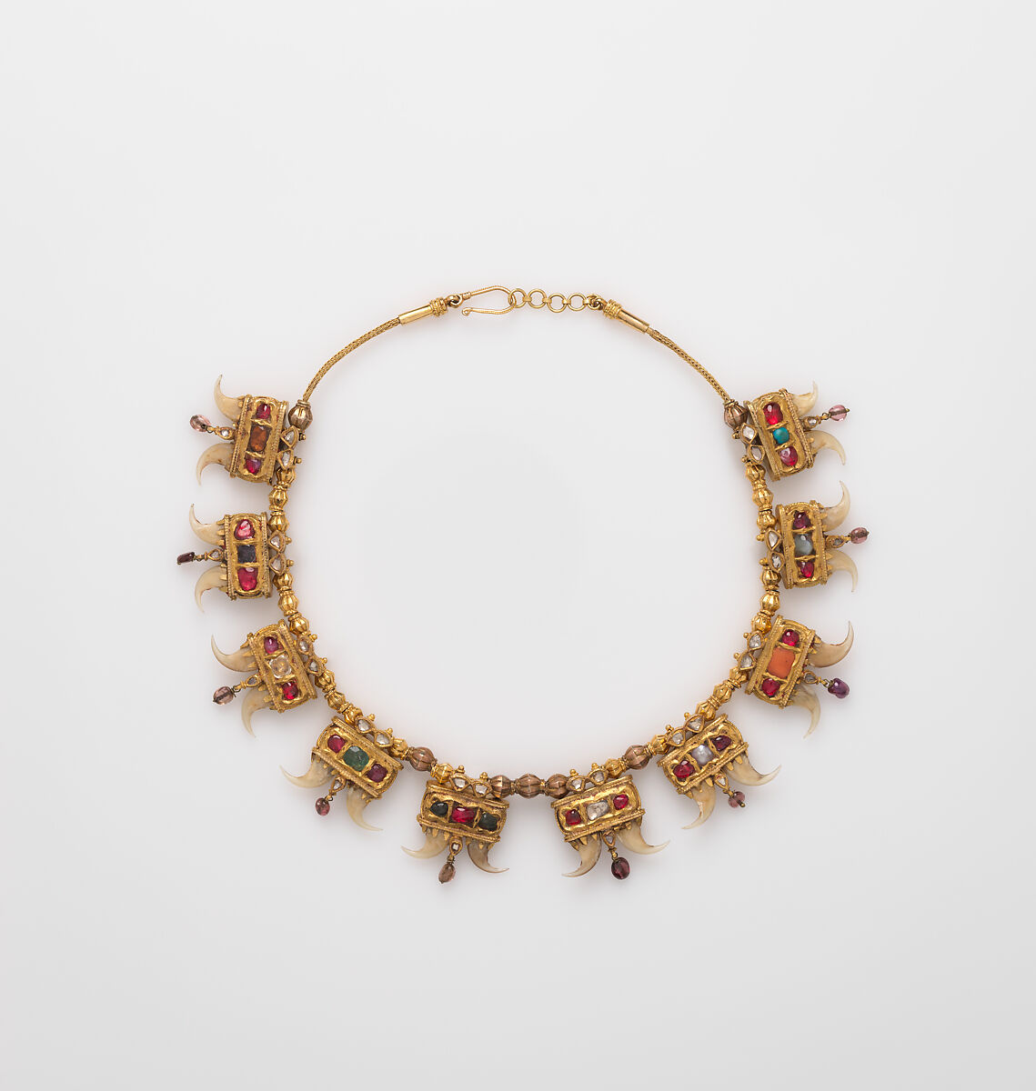 Tiger-Claw necklace, Gold, gold beads, rubies, emeralds, diamonds, spinels and tiger claws 